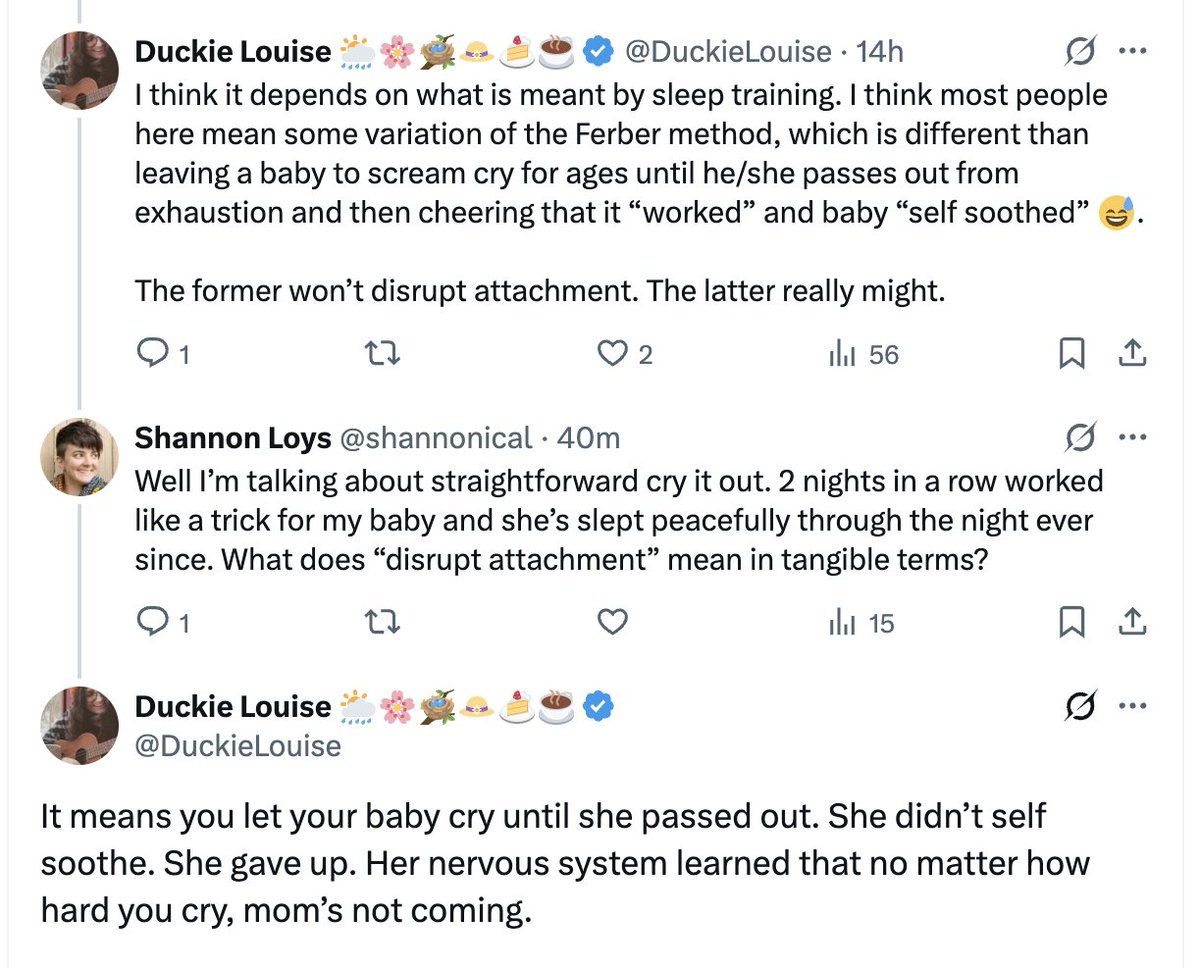 Me: What does "disrupt attachment" mean in tangible terms?

Them: It means your baby knows they should go back to sleep instead of crying for you. 

...yes