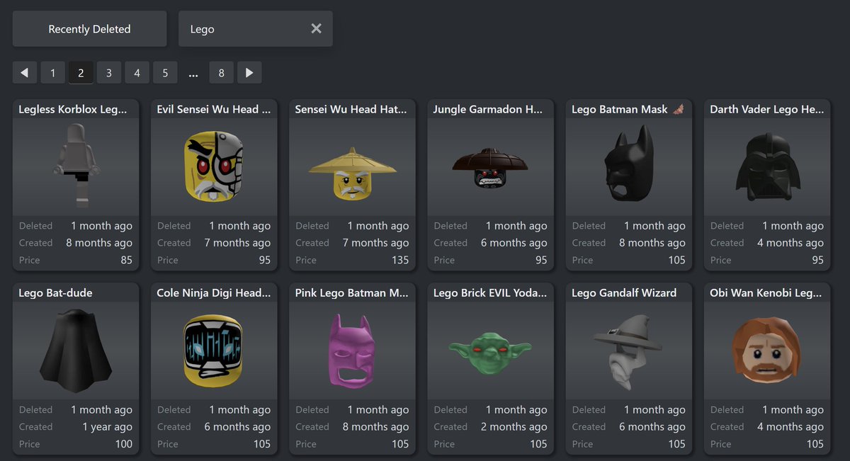 XenoSynthesis's tweet photo. I know #Bionicle fans are upset about the cancellation of the #MasksOfPower game, but I don't think they were the only target. In the past month Lego has issued DMCA takedowns on hundreds of Roblox assets based on their sets and themes. This includes avatar items and free models. https://t.co/1lbrsgQuWg