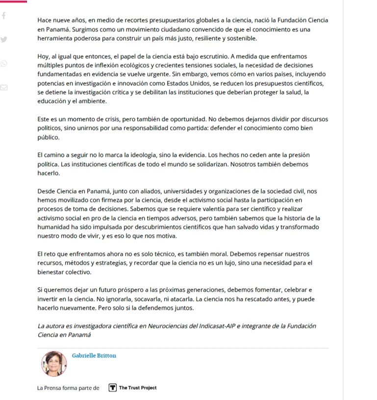 memoriaysalud's tweet image. El reto que enfrentamos ahora no es solo técnico, es también moral. Debemos repensar nuestros recursos, métodos y estrategias, y recordar que la ciencia no es un lujo sino una necesidad para el bienestar colectivo.
Mi artículo del #9versario de Ciencia en Panamá @prensacom