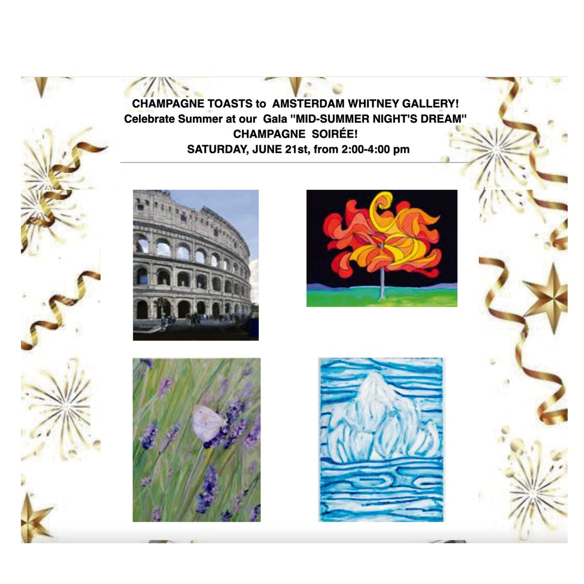AmsterdamWhitny's tweet image. CHAMPAGNE TOASTS to  AMSTERDAM WHITNEY GALLERY! Celebrate Summer at our  Gala ''MID-SUMMER NIGHT'S DREAM'' CHAMPAGNE  SOIRÉE!
 SATURDAY, JUNE 21st, from 2:00-4:00 pm 

#JUNE21 #MidSummerNightsDream #GalleryOpening #ChampagneToasts #FathersDayJune15 #EngagementGifts #Chelsea