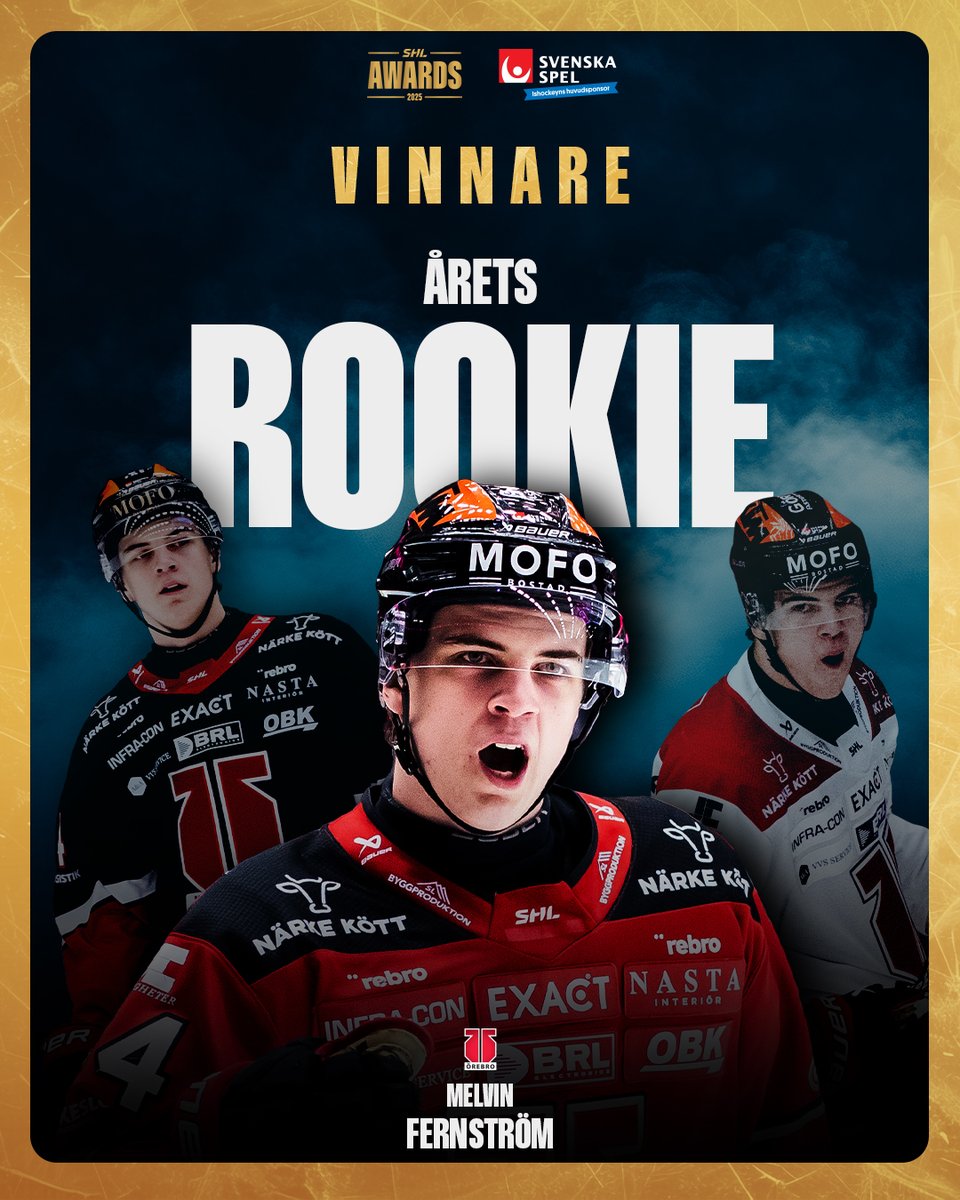 ⭐️ Melvin Fernström (<a href="/orebrohockey/">Örebro Hockey</a>) är vinnare av Årets Rookie i SHL 2024/25 – ett pris som delas ut i samarbete med huvudsponsorn Svenska Spel! 

📲 På SHL:s hemsida kan du läsa motiveringen och mer om priset som Årets Rookie.