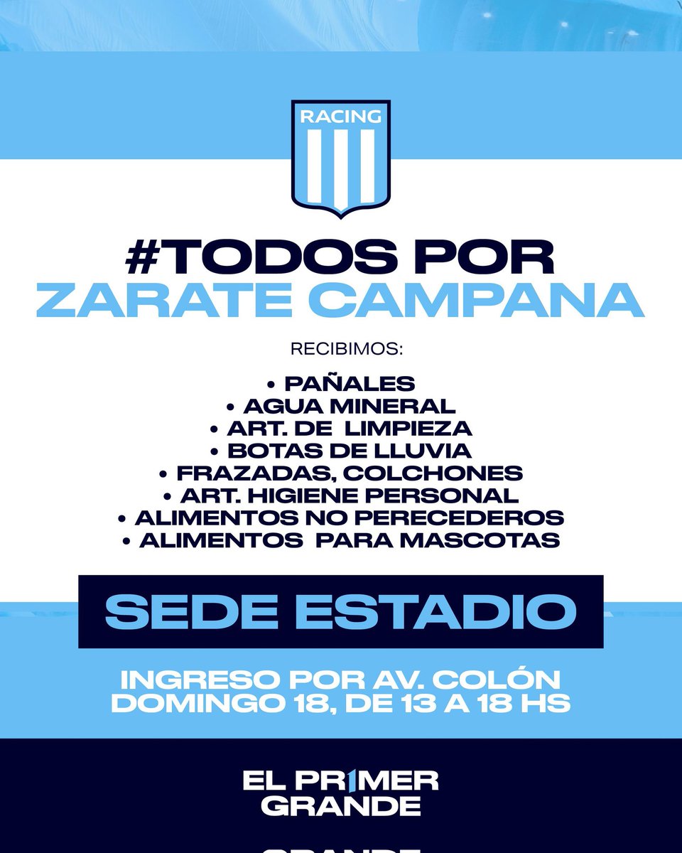 ¡Todos por Zárate y Campana!

Hoy, de 13 a 18, <a href="/RacingSolidario/">Racing Solidario</a> estará recibiendo donaciones en el Cilindro para los afectados por el temporal de los últimos días. 

¡Todos juntos por quienes lo necesitan! 🩵🤍