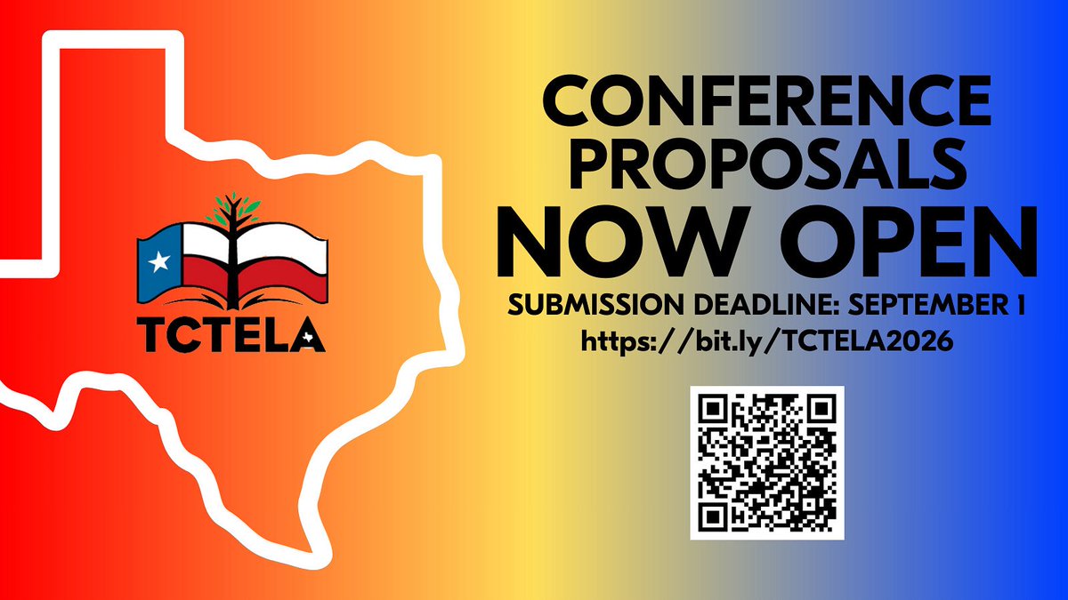 The Texas Council of Teachers of English Language Arts is now accepting conference proposals for #TCTELA2026. 

To submit a proposal, please visit bit.ly/TCTELA2026.