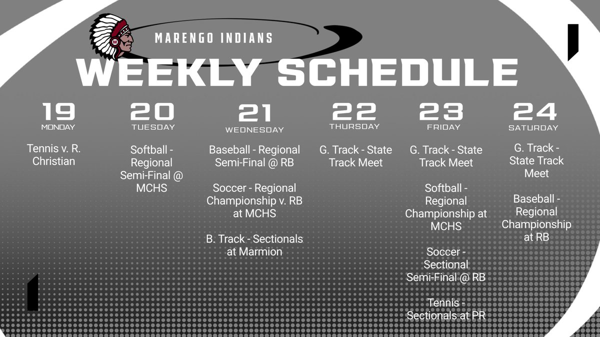 This week's schedule.  Come out and support soccer ⚽ Wednesday evening at 6:00 pm inside the stadium as they take on RB for the regional championship 🏆.