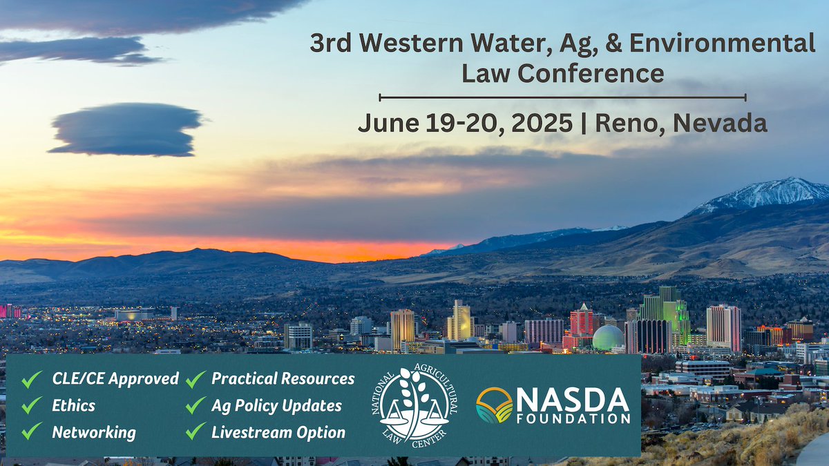 nataglaw's tweet image. Join us for the Western Ag &amp;amp; Environmental Law Conference on June 19-20, 2025!  Don’t miss out on the opportunity to network and gain valuable insights!

For more information, visit: nationalaglawcenter.org/western2025/

#AgLaw #EnvironmentalLaw #WesternConference #LegalEducation