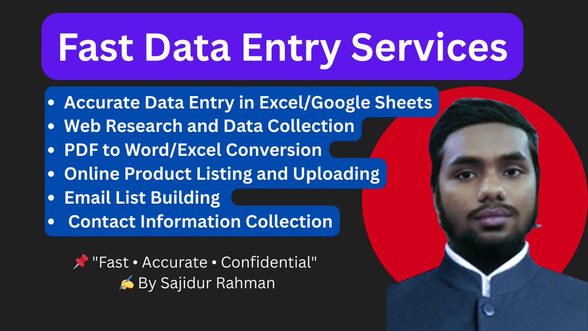 SajidurRah42509's tweet photo. Fast Data Entry Services

#DataEntry #TypingJob #CopyPasteJob #ExcelDataEntry  
#MSEXCEL #FreelancingJob #OnlineJob #WorkFromHome  
#DataEntryBangladesh #TypingWorkBD #RemoteJob  
#DataEnrichment #DataEntryWork #HomeBasedJob  
#BanglaTypingJob #ExcelWorkBD #JobForStudents https://t.co/u1r95ubnCp