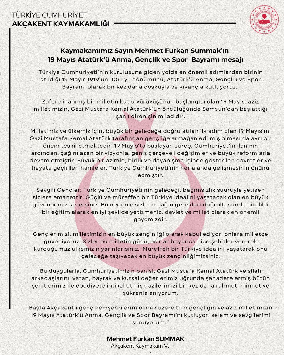 Kaymakamımız Sayın Mehmet Furkan SUMMAK’ın 19 Mayıs Atatürkü Anma, Gençlik ve Spor Bayramı Mesajı.