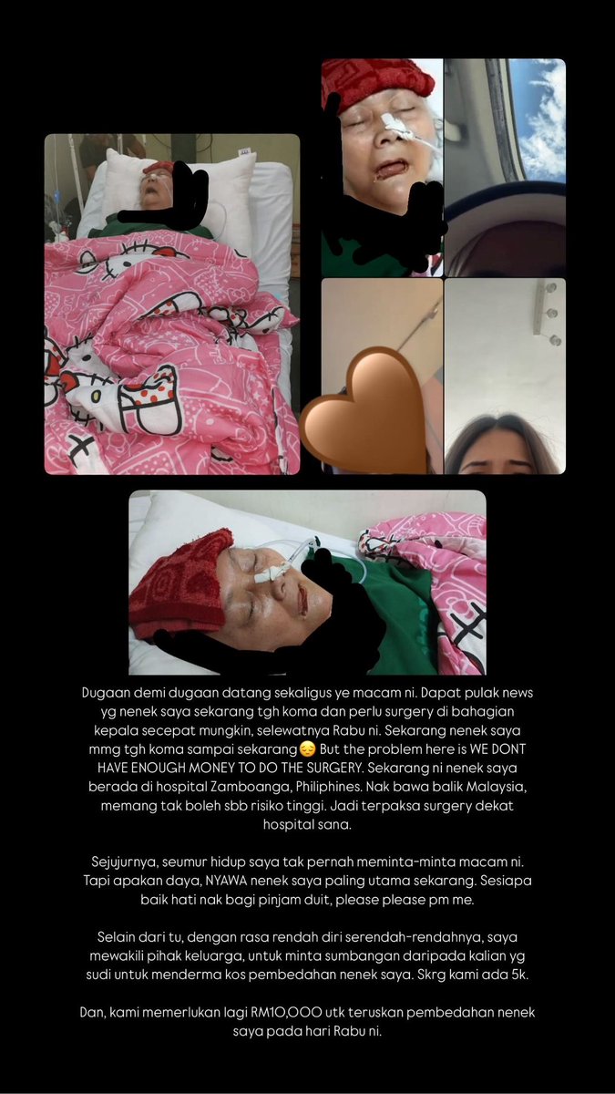 Syaeraaa's tweet photo. Salam semua, dengan rasa rendah diri saya mewakili pihak keluarga ingin meminta sedikit sumbangan dari kalian, untuk bantu saya cukupkan duit buat rawatan pembedahan nenek saya yg sedang koma &amp; doktor kata nyawa nenek saya tinggal 50/50 tanpa pembedahan segera. Cont- https://t.co/pYIeW9lVc8