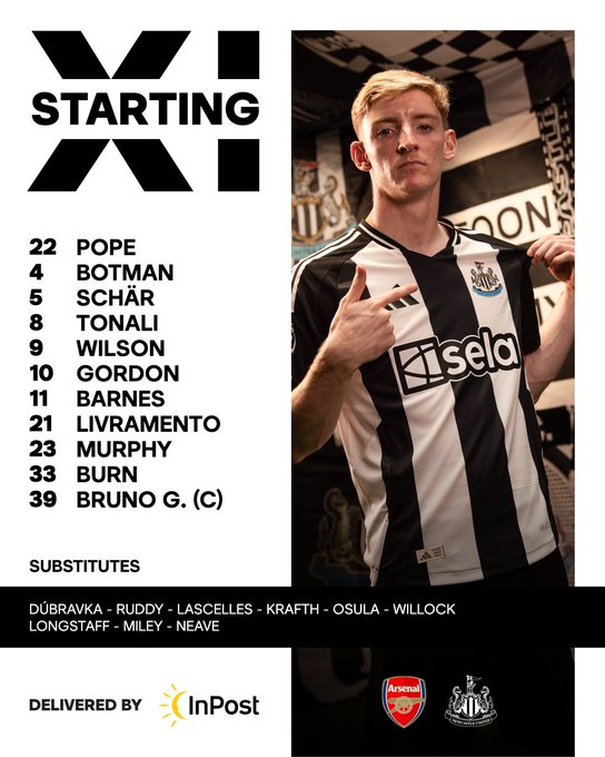 Newcastle United v Arsenal: Pope, Botman, Schär, Tonali, Wilson, Gordon, Barnes, Livramento, Murphy, Burn, Bruno G.