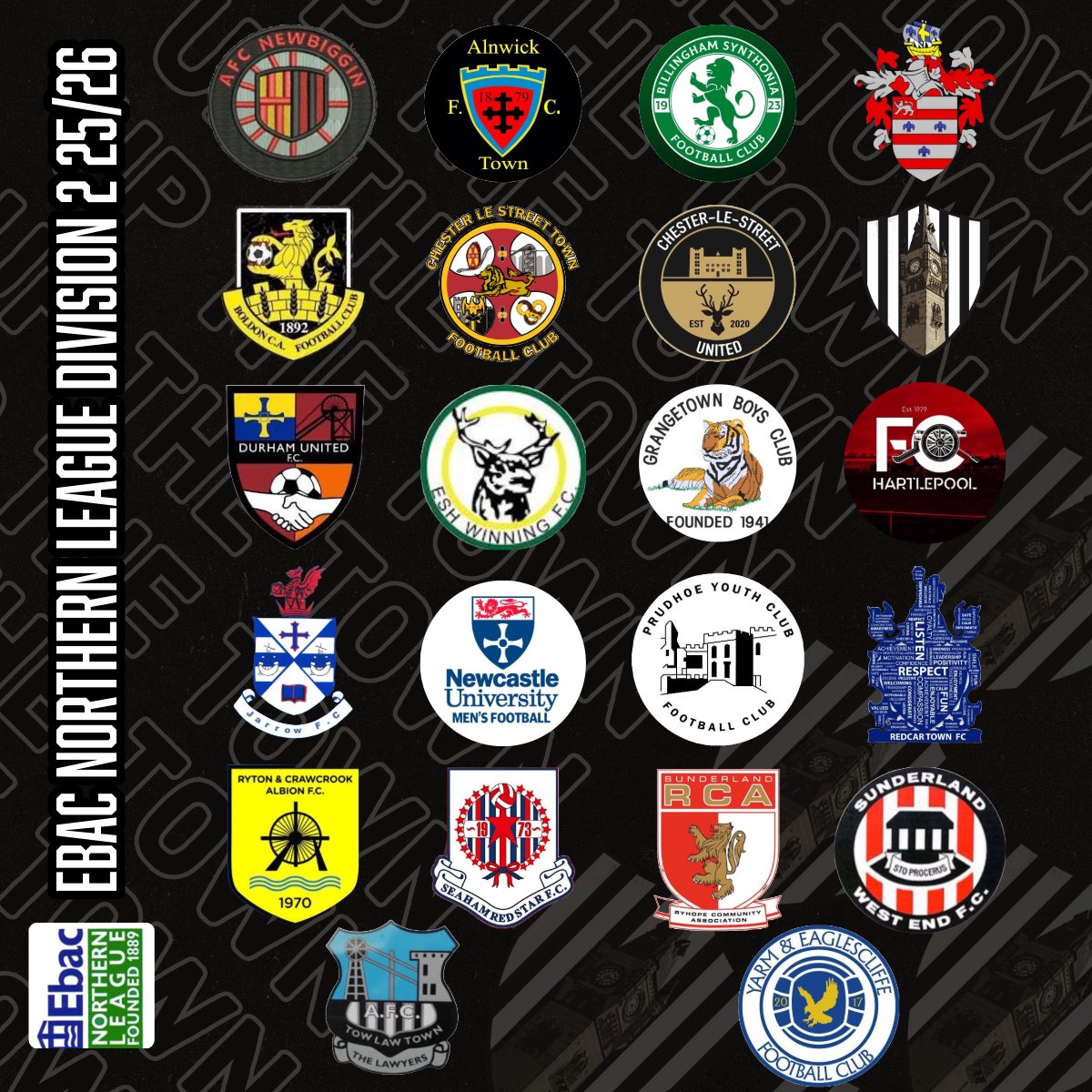 Darlington Town FC (@darlotownfc) on Twitter photo 2025/2026 <a href="/EbacNorthernLge/">Ebac Northern Football League</a> Division 2
A big welcome to promoted Northern Alliance side <a href="/AFCNewbiggin/">AFC Newbiggin</a> & old Wearside league foes <a href="/UnitedDurham/">Durham United FC</a> 🤝🏻
Also joining is <a href="/SeahamRedStar/">Seaham Red Star FC</a> <a href="/Towlawtown/">Tow Law Town AFC #Lawyers</a> from Division 1
Should be another cracking entertaining season ⚽️ 2025/2026 <a href="/EbacNorthernLge/">Ebac Northern Football League</a> Division 2
A big welcome to promoted Northern Alliance side <a href="/AFCNewbiggin/">AFC Newbiggin</a> & old Wearside league foes <a href="/UnitedDurham/">Durham United FC</a> 🤝🏻
Also joining is <a href="/SeahamRedStar/">Seaham Red Star FC</a> <a href="/Towlawtown/">Tow Law Town AFC #Lawyers</a> from Division 1
Should be another cracking entertaining season ⚽️