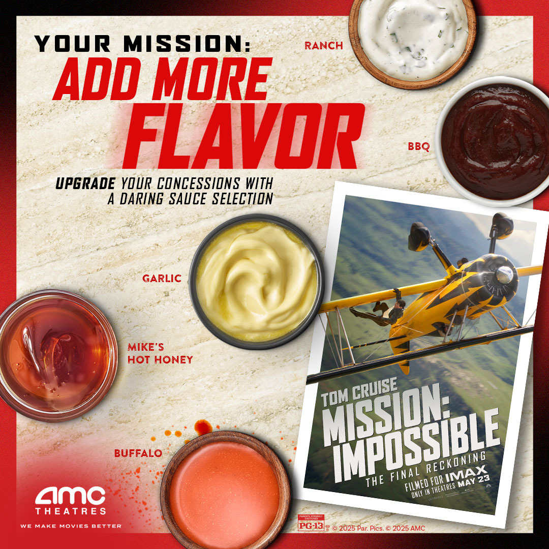 Add a high-impact blast of flavor to your concessions with one of our daring sauce add-ons when you see #MissionImpossible – The Final Reckoning, opening 5/23 at #AMCTheatres!
amc.film/4drml3V