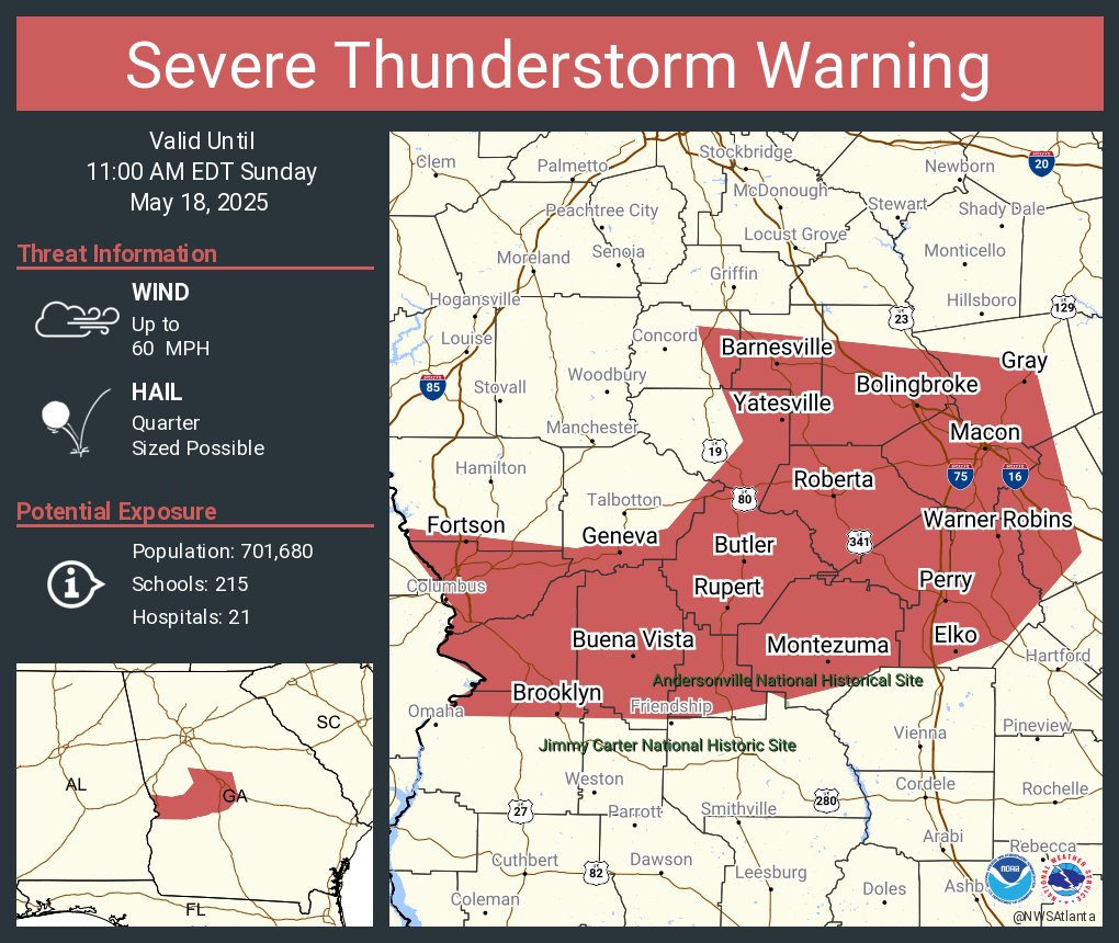Severe Thunderstorm Warning including Macon GA, Warner Robins GA and  Perry GA until 11:00 AM EDT