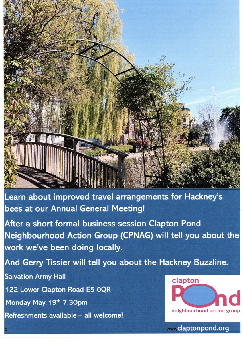Tomorrow!!!!
Main speaker: Gerry Tissier + 2 others. Hackney BuzzLine - 4k corridor along Millfields Park, via Daubney Fields &amp; to Mabley Green, to improve pollinator habitats, enhance walking cycling &amp; engage local communities.