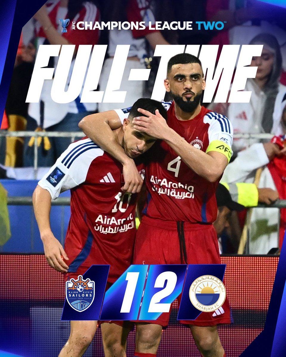 TheAFCCL_jp's tweet photo. 🔚 フルタイム | 🇸🇬ライオン・シティ・セーラーズ 1️⃣-2️⃣ シャールジャ🇦🇪

魂をぶつけ合う激闘の末――
シャールジャが #ACLTwo 王者に輝く！🏆🔥

#ACLTwoFinal | #LCSvSHJ https://t.co/yVb0V4QvEt