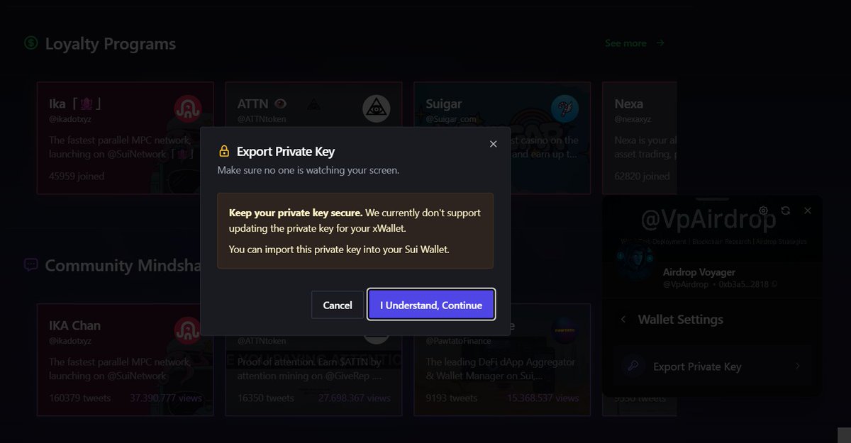 0xEchoOnchain's tweet photo. 🚨 Issue with @GiveRep Wallet
Tried exporting my xWallet private key — but the “I Understand, Continue” button doesn’t work ⚠️
Nothing happens when I click it.
Please help fix this bug 🙏
📸 Screenshot attached.
#giverep #xwallet #support #bug https://t.co/XWTgLLH8wV