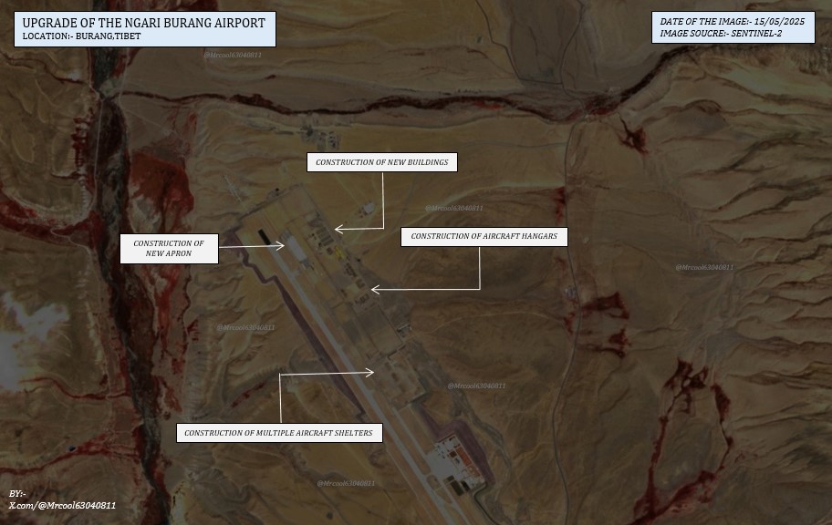 Satellite imagery shows China is upgrading the Ngari Burang Airport in Tibet
Ngari Burang Airport is just 20kms from the LAC near Uttarakhand
New Aircraft Hangars, Shelters and other support facilities are being constructed to support military aircraft operations from the Airport
