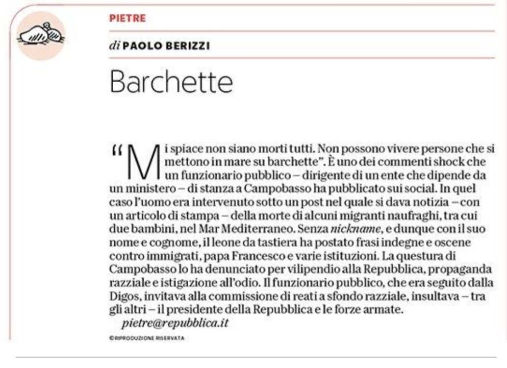 Paolo Berizzi (@pberizzi) on Twitter photo "Mi spiace che non siano morti tutti, chi si mette in mare sulle barchette non merita di vivere". Il commento shock del funzionario pubblico dopo la notizia di due bambini migranti vittime di un naufragio. Campobasso, Italia 2025. Lo schifo.
#Pietre
<a href="/repubblica/">Repubblica</a> "Mi spiace che non siano morti tutti, chi si mette in mare sulle barchette non merita di vivere". Il commento shock del funzionario pubblico dopo la notizia di due bambini migranti vittime di un naufragio. Campobasso, Italia 2025. Lo schifo.
#Pietre
<a href="/repubblica/">Repubblica</a>