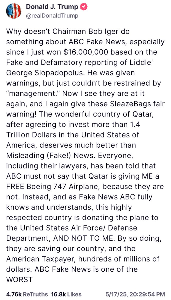 My goodness, potus! You sure post a lot of BS on your platform.

Even IF Qatar was "donating" the plane with no strings attached, it would cost Americans far more than the plane is worth to outfit it for an American president. 

You are not a leader. You are a thug and a liar.
