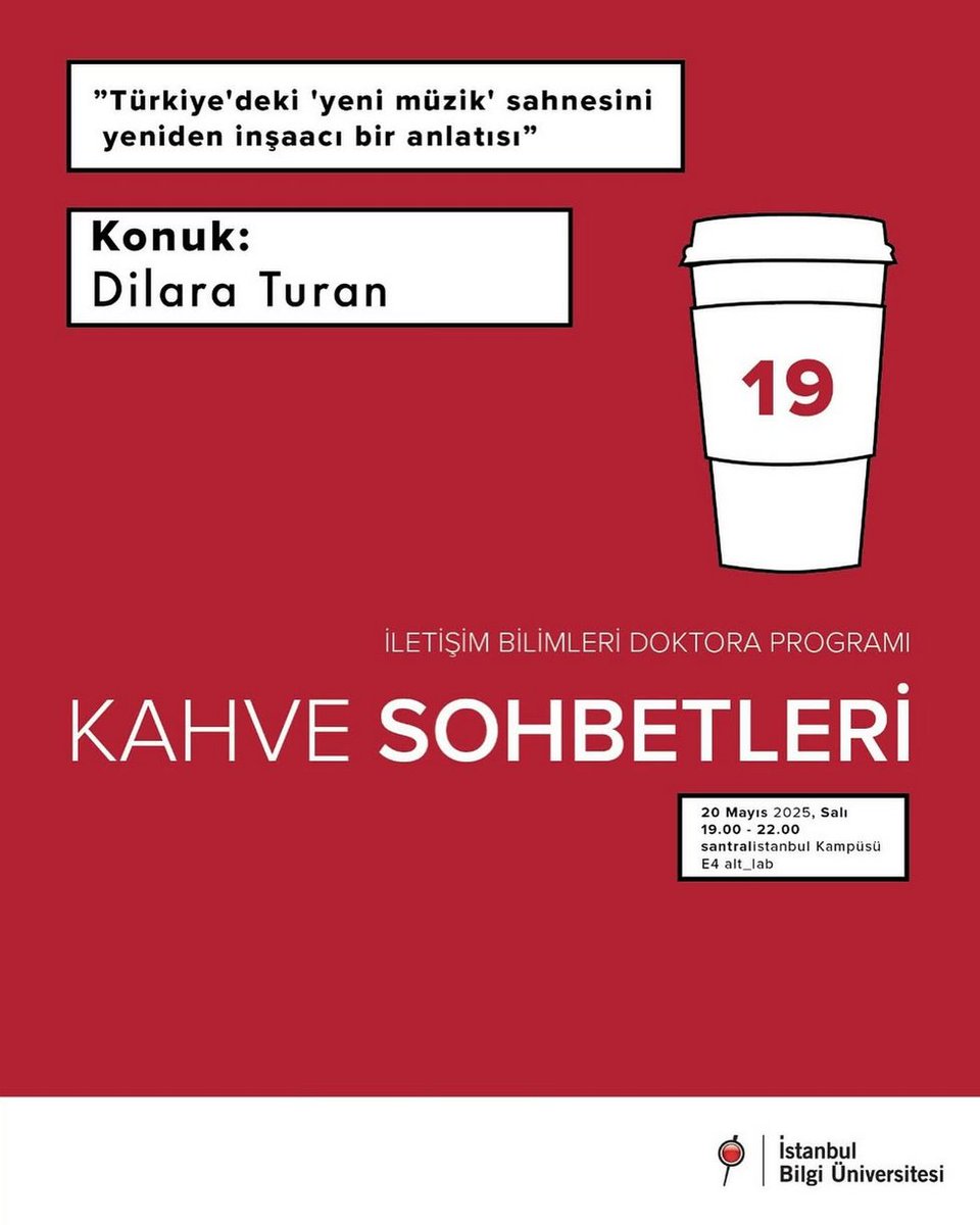 İletişim Bilimleri Doktora Programı Kahve Sohbetleri dizisinin konuğu Dilara Turan:

Türkiye'deki "yeni müzik" sahnesinin yeniden inşaacı bir anlatımı.

20 Mayıs Salı 19.00'da Alt_Lab'de buluşuyoruz.