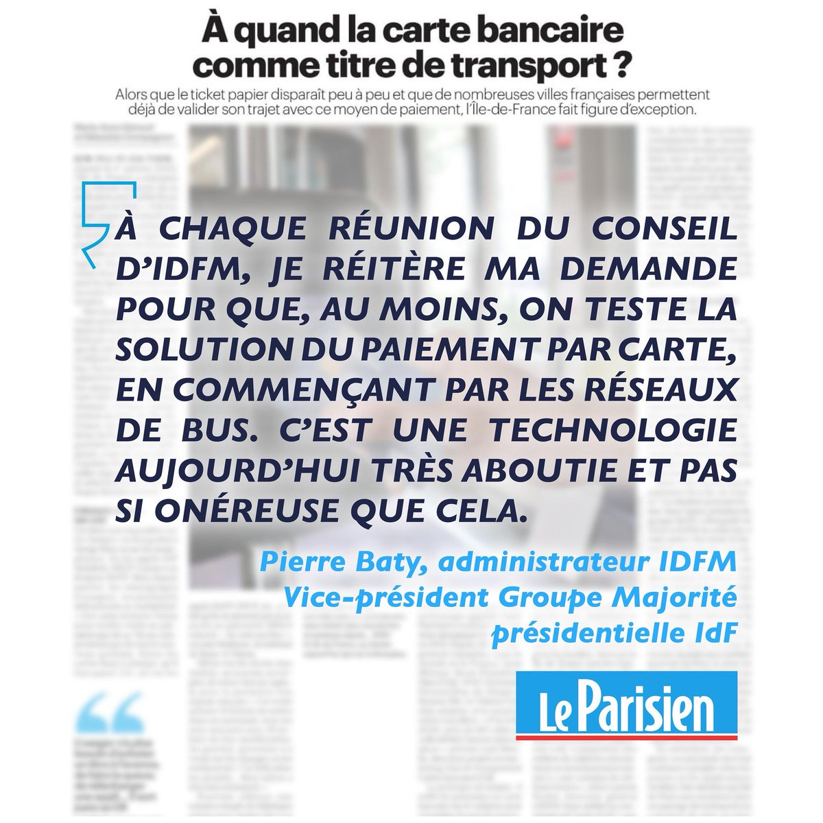 Pierre Baty (@pierrebaty) on Twitter photo ✅ 🚇💳 Le paiement par CB : c’est lancé !
<a href="/IDFmobilites/">IDF Mobilités</a> confirme ce matin au Parisien le lancement de l’étude cet été, après l’engagement que j’avais reçu en décembre.
➡️ Il faudra équiper en priorité les bus, les grandes gares, les stations touristiques ! ✅ 🚇💳 Le paiement par CB : c’est lancé !
<a href="/IDFmobilites/">IDF Mobilités</a> confirme ce matin au Parisien le lancement de l’étude cet été, après l’engagement que j’avais reçu en décembre.
➡️ Il faudra équiper en priorité les bus, les grandes gares, les stations touristiques !