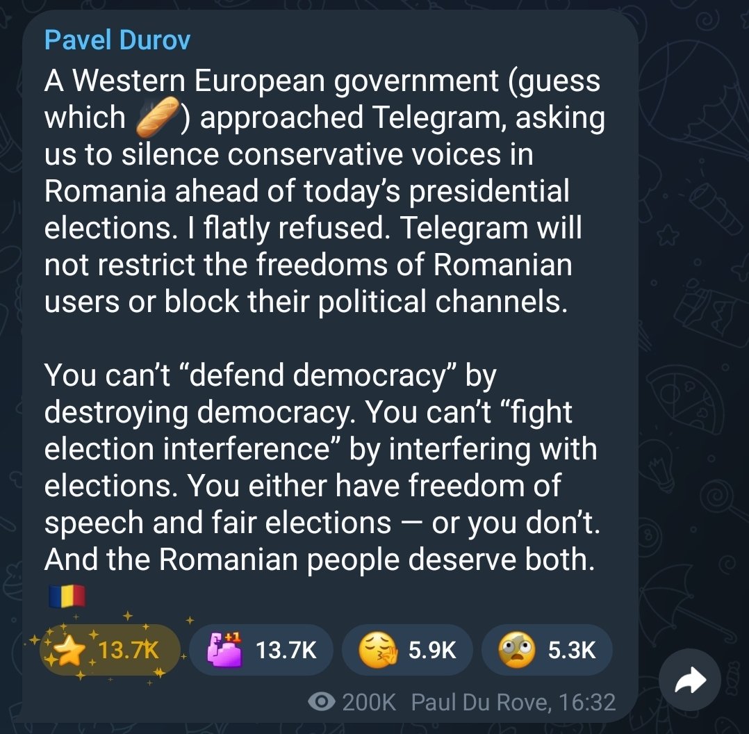 🇷🇴🇫🇷 BREAKING: Pavel Durov the founder of Telegram reveals France asked him to censor conservative Romanian channels ahead of the presidential elections: