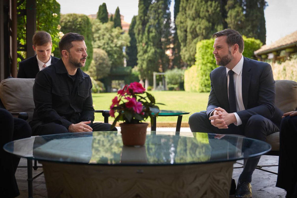 nexta_tv's tweet photo. ⚡️President Zelensky and his top aides met in Rome with US Vice President JD Vance and Secretary of State Rubio

It was the first meeting between the two men since their blow-up in the White House in February. Zelensky called it a “good meeting”: “We discussed the negotiations in Istanbul, where the Russians sent a low-level delegation with no decision-making authority,” Zelensky said. 

“I reaffirmed Ukraine’s readiness for real diplomacy and stressed the importance of a full and unconditional ceasefire as soon as possible.”  

“We also touched on the need for sanctions against Russia, bilateral trade, defense cooperation, the situation on the battlefield, and the future exchange of prisoners. Pressure on Russia must continue until it is ready to stop the war. 

And, of course, we discussed our joint steps to achieve a just and sustainable peace.”