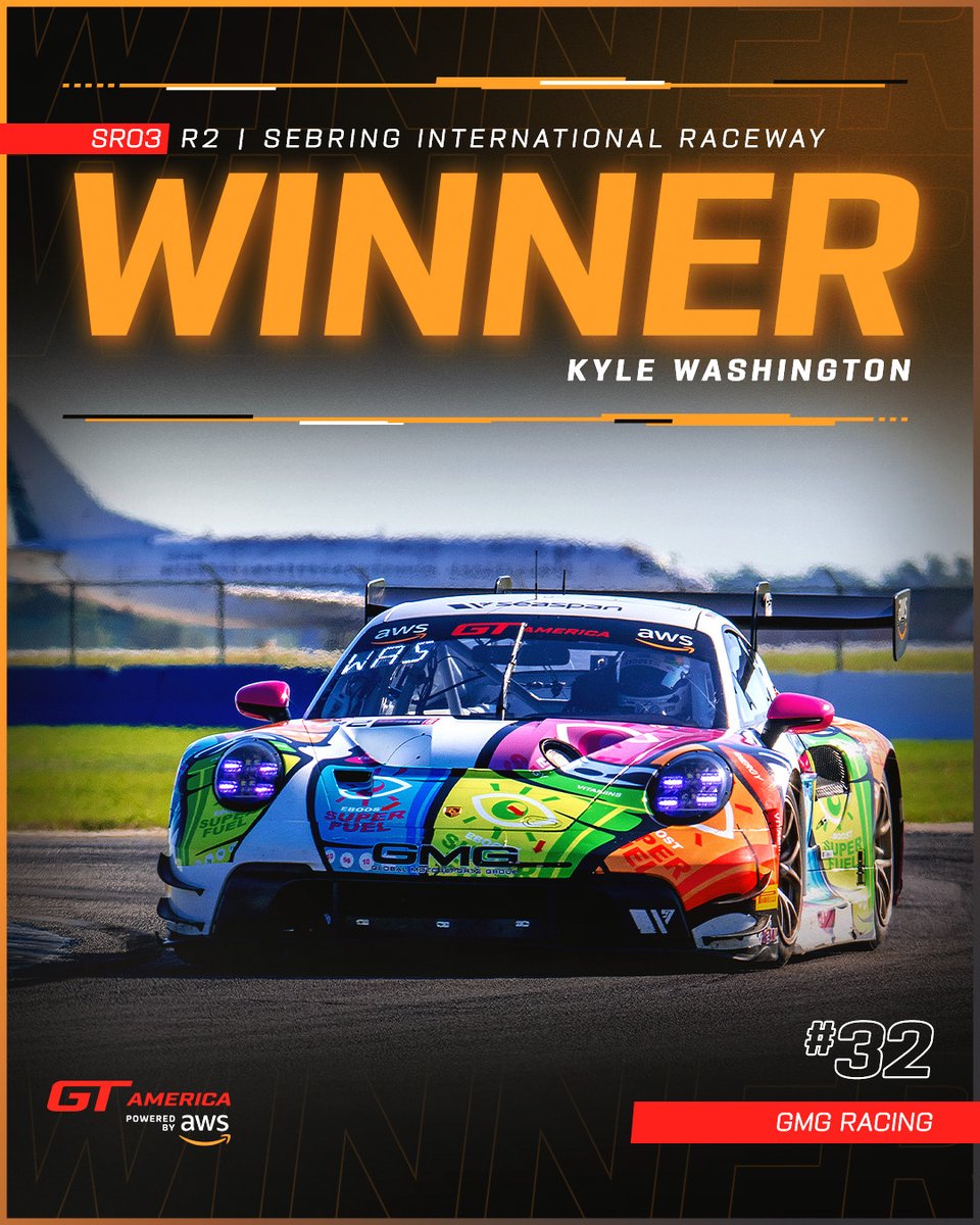 Victory in Race 2 goes to Kyle Washington with GMG Racing! Congrats on a stellar drive! 🏁🥇

#GTSebring #GTAmerica