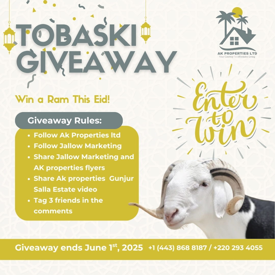 Ak Properties Ltd (@akpropertiesltd) on Twitter photo ONLY 13 DAYS LEFT TOBASKI GIVEAWAY!! π π
π How to Enter:
β
Follow <a href="/AkPropertiesltd/">Ak Properties Ltd</a>
β
Follow <a href="/jallowmarketing/">Jallow Marketing</a>
β
Share our flyers (Jallow Marketing + AK Properties Ltd)
β
Share Gunjur Salla Estate video
β
Tag 3 friends in the comments
π
Giveaway ends June 1st, 2025 ONLY 13 DAYS LEFT TOBASKI GIVEAWAY!! π π
π How to Enter:
β
Follow <a href="/AkPropertiesltd/">Ak Properties Ltd</a>
β
Follow <a href="/jallowmarketing/">Jallow Marketing</a>
β
Share our flyers (Jallow Marketing + AK Properties Ltd)
β
Share Gunjur Salla Estate video
β
Tag 3 friends in the comments
π
Giveaway ends June 1st, 2025