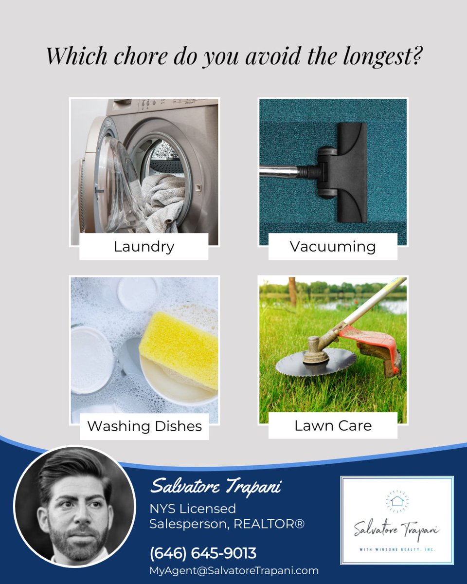 TrapaniRealtor's tweet photo. Which chore do you avoid the longest?
🧺 Endless laundry piles
🌀 Vacuuming every corner
🍽️ That stack of dishes waiting in the sink
🌱 Lawn care

Let’s hear it. Drop your answer in the comments!

#chores #procrastination #dailylife #lifestyle https://t.co/YwL6JlRHPG