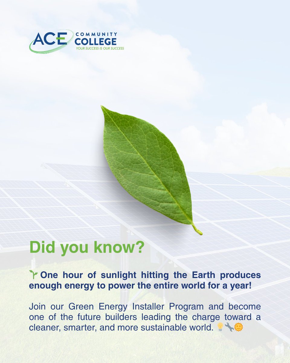 ☀️ Did you know? Just one hour of sunlight can power the world for an entire year!

 Get hands-on training through our Green Energy Installer Program and build a future that runs on clean, sustainable energy. 🌍💡🔧

Apply now: acecollegecanada.com
