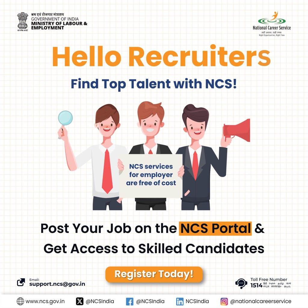 NCSIndia's tweet photo. Post your job on the NCS portal today and connect with top talent. 

Let NCS help you hire the right fit!

#NCS #Career #Skills #Jobs https://t.co/yioJl2wXP2