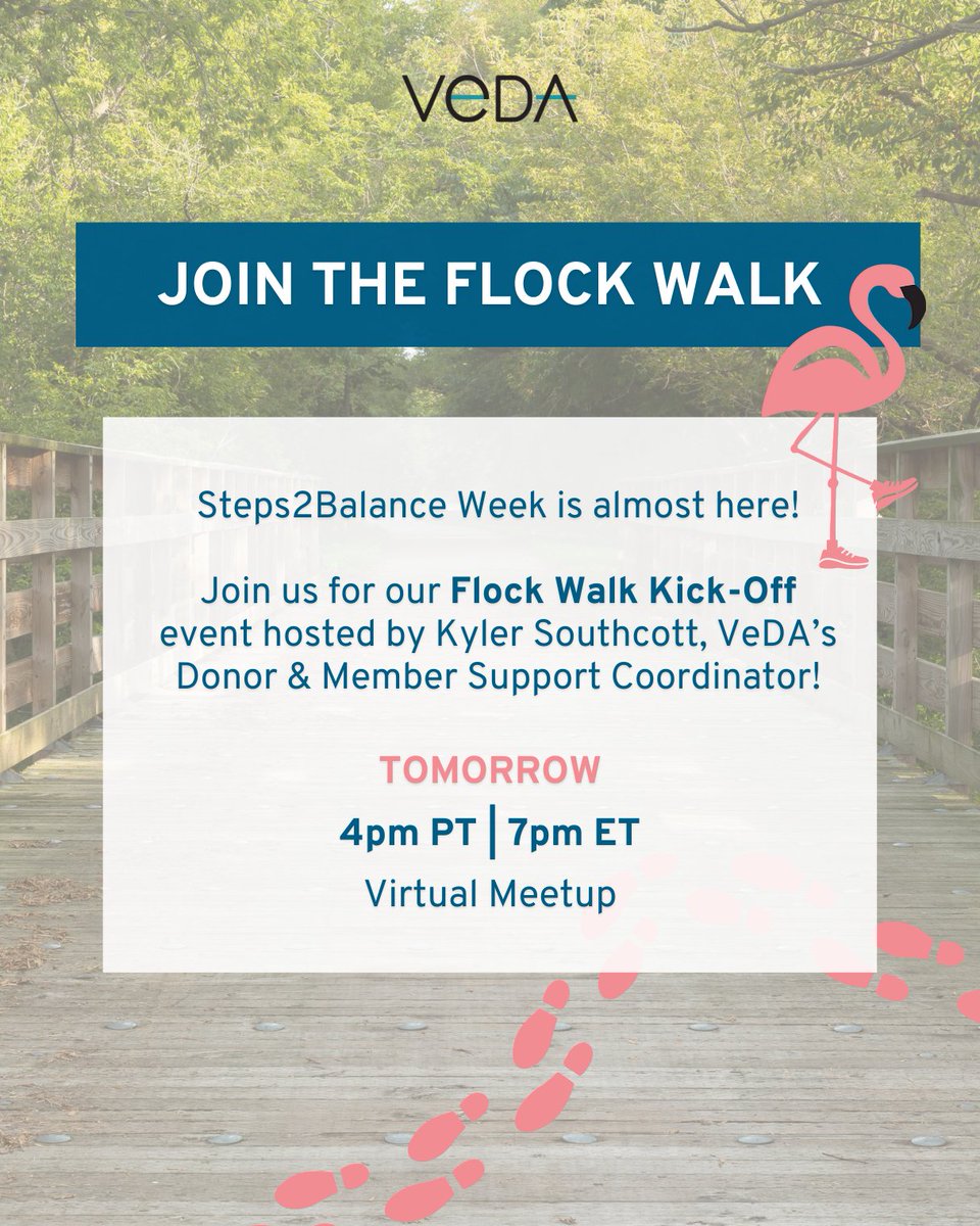 vestibularveda's tweet photo. 🎉 Steps2Balance Week is almost here! 🎉
Join us for our Tomorrow for our Flock Walk Kick-Off event hosted by Kyler Southcott, VeDA’s Donor & Member Support Coordinator! Virtual Meetup - https://t.co/BEDYvcGZGK
#Steps2Balance #FlockWalk #VeDA #BalanceAwareness https://t.co/g3OC8xmAlR