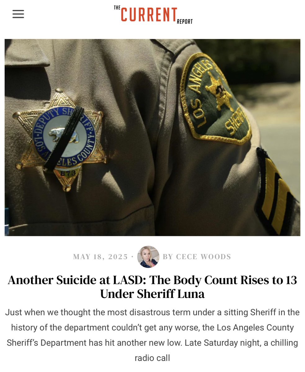 ceceswoods's tweet image. #Breaking:
ANOTHER SUICIDE AT LASD. BODY COUNT HITS 13 UNDER SHERIFF LUNA’S WATCH.
That’s 13 deputies dead by suicide under @LACoSheriff . While Luna’s playing politics, his department is bleeding from the inside out.
Mandatory overtime. Toxic leadership. Zero accountability.…
