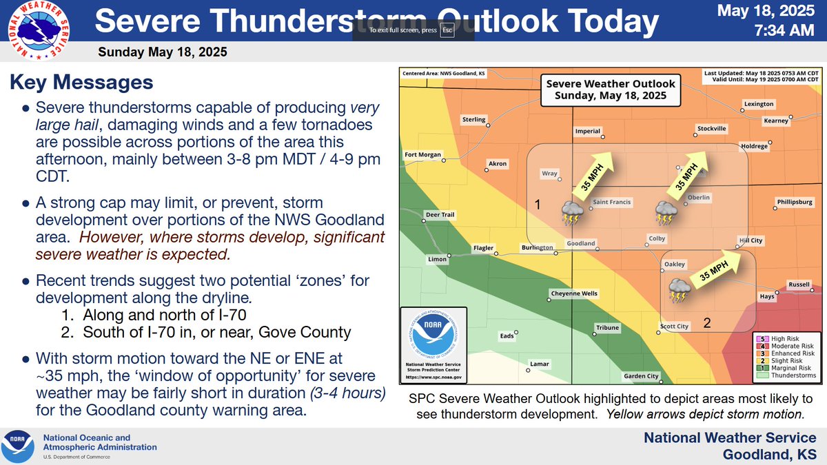 NWSGoodland's tweet photo. Severe Weather Outlook (Sunday May 18, 2025).  Refer to the attached graphic and accompanying ALT-TEXT for further information/details.  #kswx #cowx #newx https://t.co/3v7OXW5whv