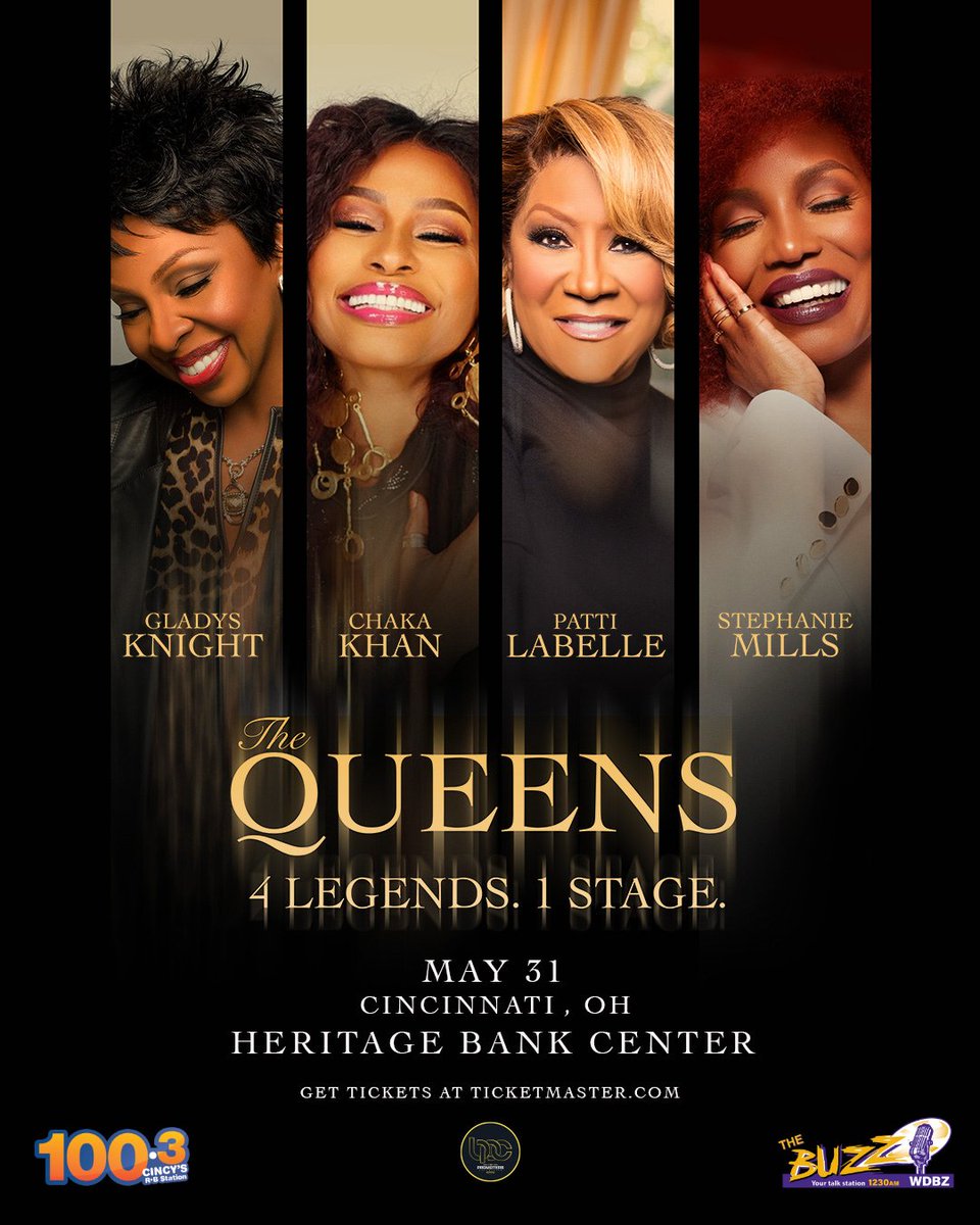 Radio One &amp; the Law Offices of Blake Maislin welcome The Queens tour— featuring #GladysKnight, #ChakaKhan, #PattiLaBelle, and #StephanieMills 👑 Four legends, ONE stage LIVE at Heritage Bank Center May 31st! Tickets and information, visit our website or ticketmaster.com