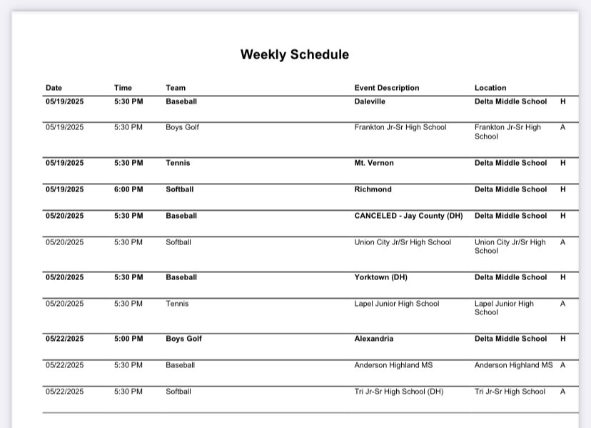 Delta Middle School Athletics (@eaglesdms) on Twitter photo Delta Middle School Athletic Schedule for the Week of May 19thโฌ๏ธ Delta Middle School Athletic Schedule for the Week of May 19thโฌ๏ธ