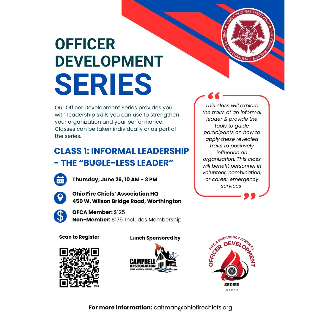 Are you a new or aspiring leader looking to gain new skills? Are you ready to elevate your leadership skills? Our Officer Development Series is for you! INFORMAL LEADERSHIP: THE BUGLE-LESS LEADER, debuts Thursday, June 26 at OFCA HQ. Register TODAY! #LeadershipDevelopment