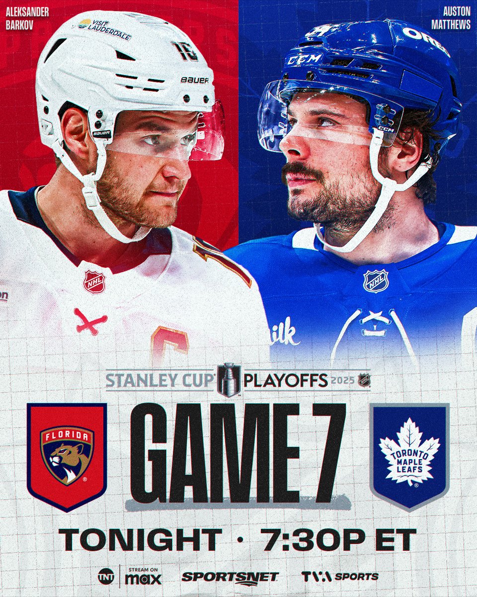 NHL (@nhl) on Twitter photo #GAME7 #GAME7 #GAME7 #GAME7 #GAME7 #GAME7‼️
Who advances to the Eastern Conference Final? #StanleyCup
📺: <a href="/FlaPanthers/">x - Florida Panthers</a> vs. <a href="/MapleLeafs/">Toronto Maple Leafs</a> Game 7 TONIGHT at 7:30p ET on <a href="/NHL_On_TNT/">NHLonTNT</a>, <a href="/SportsonMax/">Sports on Max</a>, <a href="/Sportsnet/">Sportsnet</a>, and <a href="/TVASports/">TVA Sports</a> #GAME7 #GAME7 #GAME7 #GAME7 #GAME7 #GAME7‼️
Who advances to the Eastern Conference Final? #StanleyCup
📺: <a href="/FlaPanthers/">x - Florida Panthers</a> vs. <a href="/MapleLeafs/">Toronto Maple Leafs</a> Game 7 TONIGHT at 7:30p ET on <a href="/NHL_On_TNT/">NHLonTNT</a>, <a href="/SportsonMax/">Sports on Max</a>, <a href="/Sportsnet/">Sportsnet</a>, and <a href="/TVASports/">TVA Sports</a>