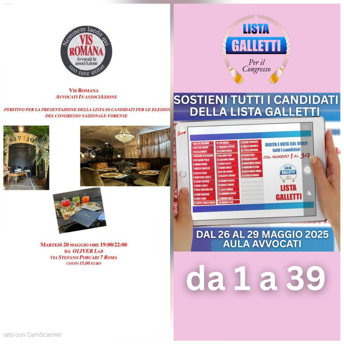 20.05 aperitivo #VisRomana: presentazione dei candidati in #ListaGalletti. Vi aspettiamo per ricordarvi come votarli, dal n.1 al n.39 nessuno escluso. Ed anche a P.le Clodio e Via Teulada 19 e 21 maggio per consegnarvi il programma della Lista: votare un programma, non un amico.