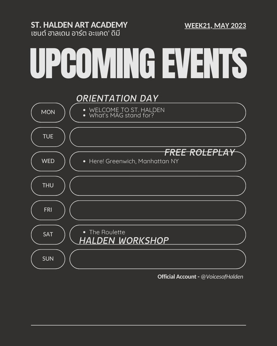 VoicesofHalden's tweet photo. ⠀
      ° ☆
            ` ☆.
                     𝑢𝑝𝑐𝑜𝑚𝑖𝑛𝑔 ✧ 𝑒𝑣𝑒𝑛𝑡𝑠 
                     〖 กิจกรรมประจำสัปดาห์ 〗 
                     𝘄𝗲𝗲𝗸 𝟮𝟭, 𝟭𝟵-𝟮𝟱 𝗠𝗮𝘆 𝟮𝟬𝟮𝟱
                     #𝖧𝖺𝗅𝖽𝖾𝗇𝖠𝗋𝖼💫 

⠀ https://t.co/OCak5Gq1wa