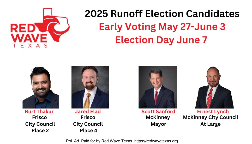 redwavetexas's tweet photo. ** 2025 Runoff Election Reminder: Colllin and Denton County **

Early Voting
    - Tuesday May 27- Saturday May 31 8am-5pmCT
    - Monday June 2 &amp; 3, 2025 7am-7pmCT
Election Day
    - Saturday, June 7, 2025 7am-7pmCT

Encourage Family, Friends, and Neighbors to Vote!! https://t.co/jDo2jT9eYP