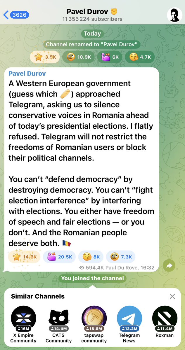 v_joron's tweet photo. 🔴‼️Quand le patron de Telegram, (Le 24 août 2024, Pavel Durov, co-fondateur de la messagerie Telegram et du réseau social VK, est arrêté après son atterrissage à l'aéroport du Bourget.) déclare qu’il a subi des pressions de la part du gouvernement Macron pour limiter les voix de l’opposition ! : 

« Un gouvernement d'Europe occidentale (devinez lequel 🥖) a contacté Telegram pour nous demander de faire taire les voix conservatrices en Roumanie à l'approche des élections présidentielles d'aujourd'hui. J'ai catégoriquement refusé. Telegram ne restreindra pas les libertés des utilisateurs roumains ni ne bloquera leurs chaînes politiques.

On ne peut pas « défendre la démocratie » en la détruisant. On ne peut pas « lutter contre l'ingérence électorale » en s'ingérant dans les élections. Soit on a la liberté d'expression et des élections équitables, soit on ne les a pas. Et le peuple roumain mérite les deux. 🇷🇴 »