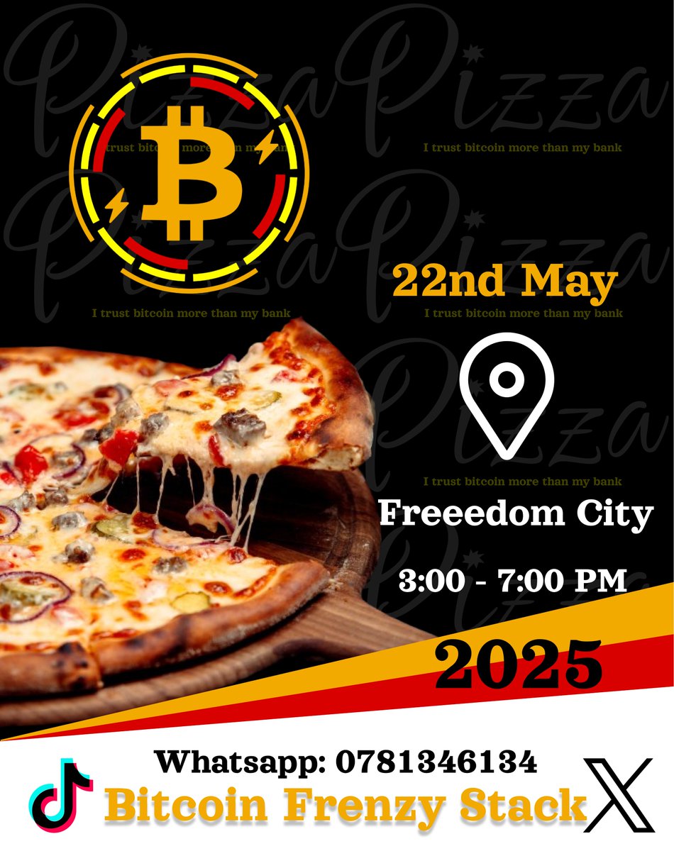 🍕 #BitcoinPizzaDay  with #FrenzyStack, May 22nd! 
Discuss your sats stack, self-custody &amp; more over pizza!  Thinking about your Bitcoin? Is it your bank? Are you your own custodian? Let's talk!
Join us: lu.ma/xwg1h6n2
T-shirts available: UGX 50k (fiat/sats).
#Uganda 🇺🇬