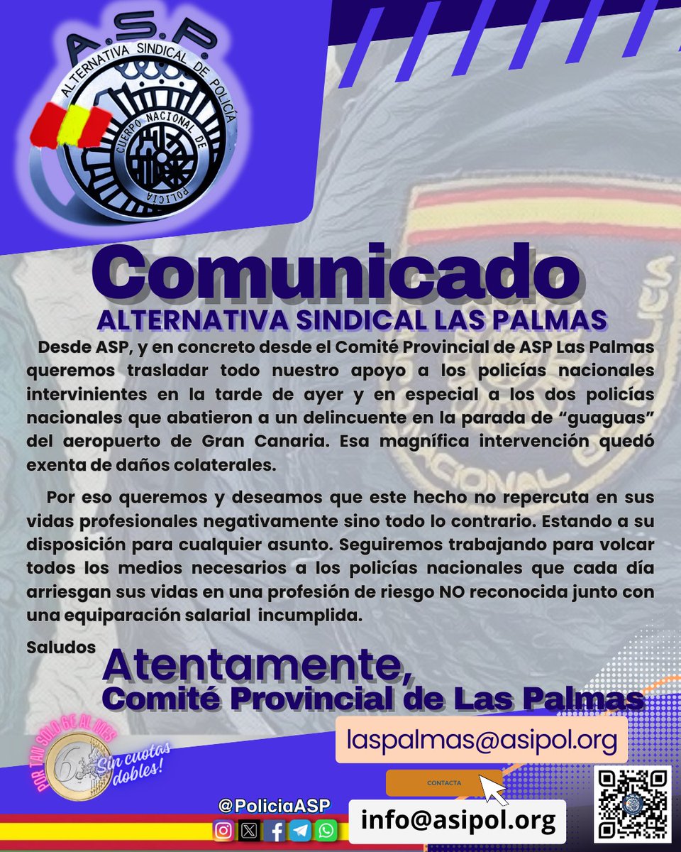 PoliciaASP's tweet photo. En ASP damos nuestro apoyo a los policías que tuvieron ayer una compleja intervención en el Aeropuerto de Gran Canaria.

Ha sido proporcional y ajustada a normativa y les brindamos todos nuestros recursos.

📝afíliate por 6€ mes sin cuotas dobles👇🏻
https://t.co/oqVCRVXjxH https://t.co/iGgjOxLanR