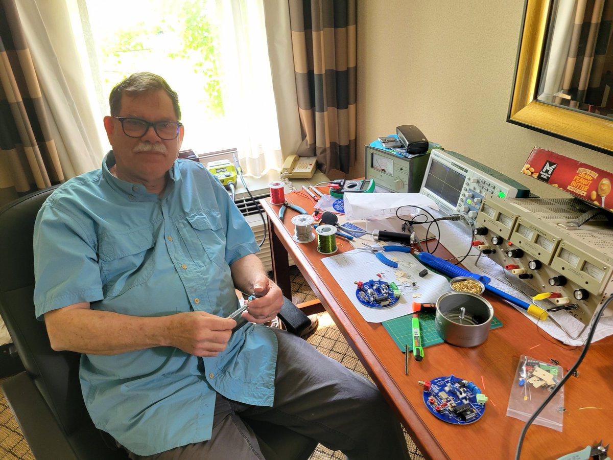 Rex Harper W1REX from qrpme.com at his improvised hotel workbench, prepping for his Four Days in May build-a-thon.
#fdim2025 #fourdaysinmay2025 #hamradio #qrp #hamradio #hamvention #hamr #qrparci