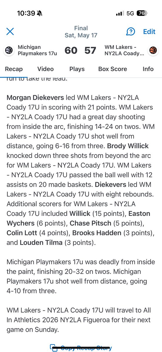 Tough lose vs a SUPER good playmaker team. Big and strong and our guys battled, had our chances to win at end. 
<a href="/MorganDiekevers/">Morgan Diekevers</a> 21 Pts 8R 3A 2S
<a href="/BrodyWillick/">Brody Willick</a> 15 Pts 2 R