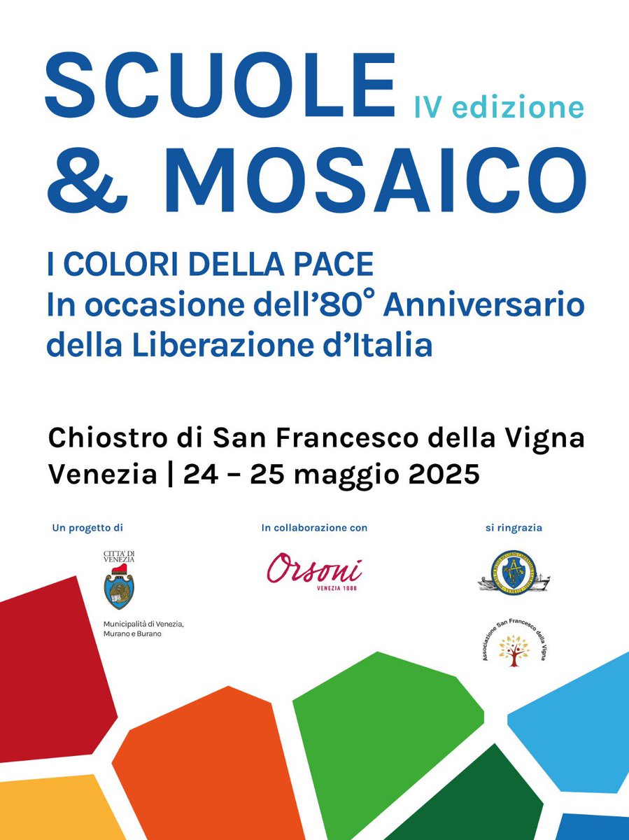 Ci prepariamo a vedere esposti i progetti  dalle scuole primarie e secondarie di #Venezia che hanno partecipato alla IV ed. di #scuolemosaicovenezia2025 
Due giorni di festa, colori, workshop, incontri e visite guidate.

Programma 👉🏻 bit.ly/433EnWt