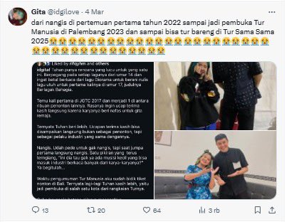 swr4j's tweet photo. Sekarang, dia bukan cuma jadi penyanyi. Tapi udah sepanggung sama idolanya sendiri.
Dan bahkan bawain lagu ciptaannya bareng Tulus. Gila sih… itu mimpi yang beneran kejadian. https://t.co/hBPV3ejuJd