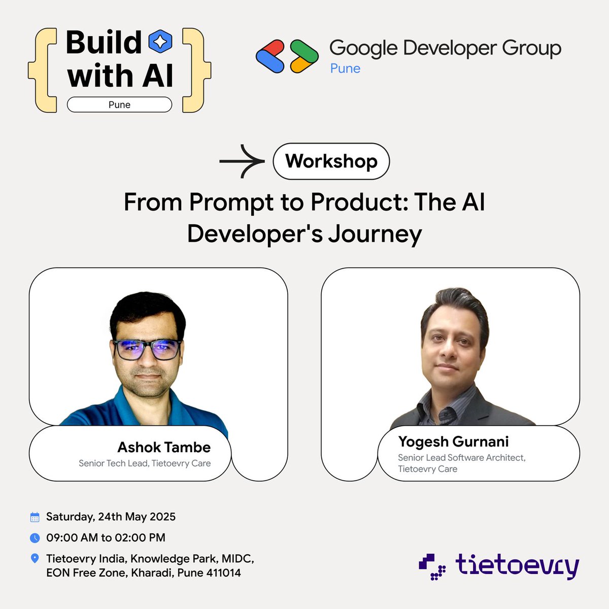 Hello everyone, Brace yourselves!

We are thrilled to reveal our speakers at #BuildwithAI 😍

✨ Yogesh Gurnani and Ashok Tambe ✨

Get ready to be inspired by his insights and expertise.⚡

#GDGPune #Tietoevry #AI #ArtificialIntelligence #AIAgents