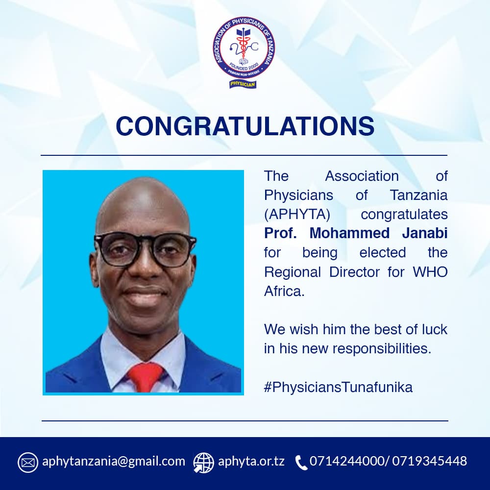 Association of Physicians of Tanzania (@aphytanzania) on Twitter photo The Association of Physicians of Tanzania congratulates Prof. Mohammed Janabi <a href="/ProfJanabi/">Prof. Mohamed Janabi</a> for being elected the Regional Director of WHO Africa.
We him the best of luck ๐
#Janabi4WHOAFRO The Association of Physicians of Tanzania congratulates Prof. Mohammed Janabi <a href="/ProfJanabi/">Prof. Mohamed Janabi</a> for being elected the Regional Director of WHO Africa.
We him the best of luck ๐
#Janabi4WHOAFRO
